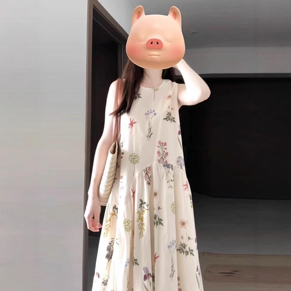 French Floral Sleeveless Round Neck Dress - Loose, Slimming Vacation Style for Female Students