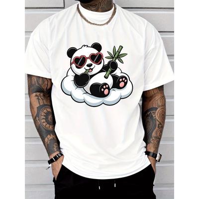 Herren Freizeit Rundhals T-Shirt Cartoon Panda Herz Modische Brille Bambus Rayon Druck Street Style Tägliche Kleidung Herrenmode