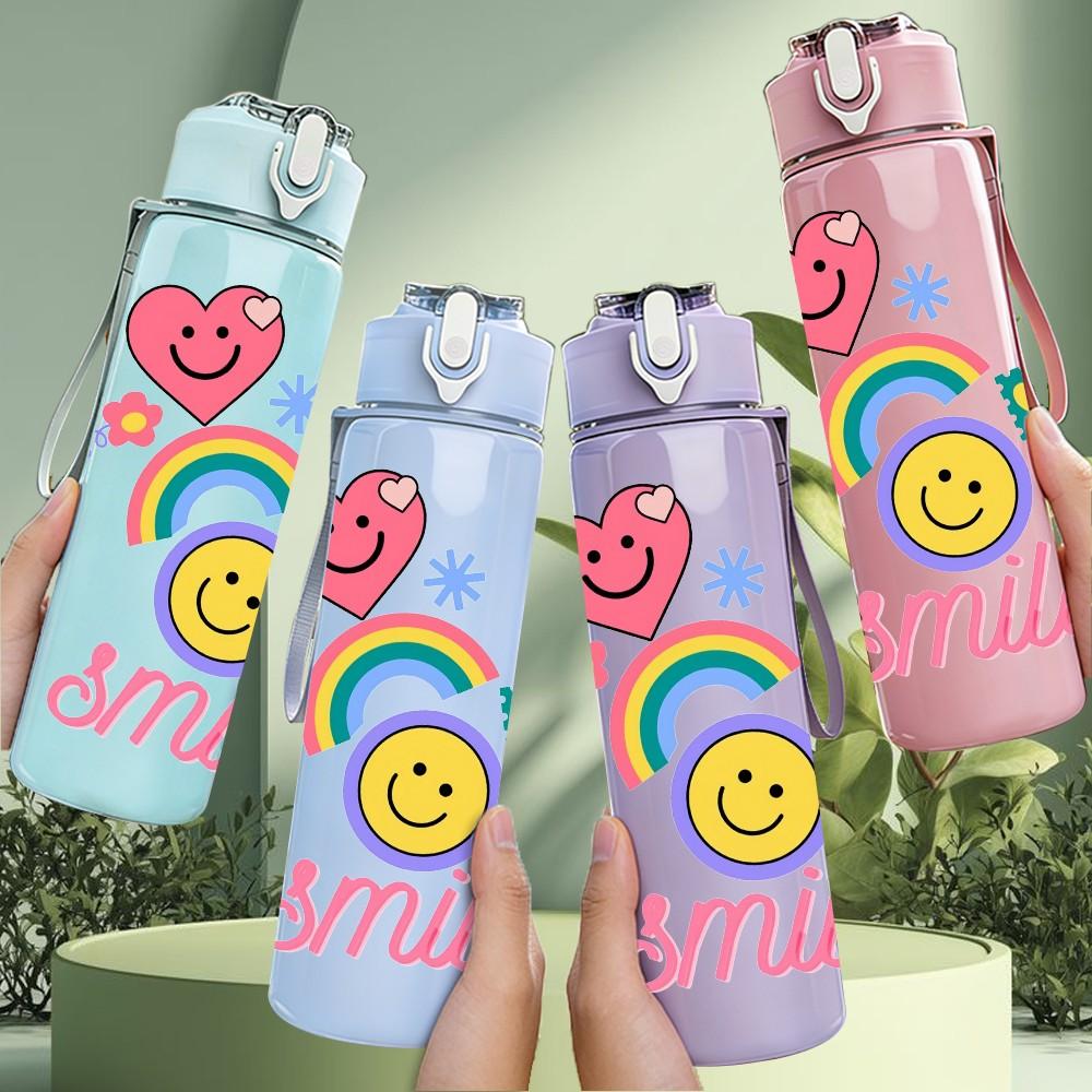 1PC Rainbow Cloud Smile Face Pattern 750ml Color Plastic Sports Water Bottle Leakproof Flip Straw Lid Suitable for Sports Office Home Use
