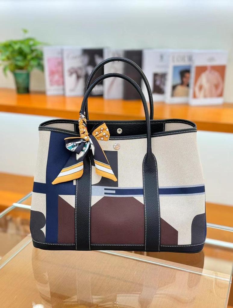 Women's Genuine Leather Garden Tote - 2025 Canvas & Cowhide, Large Capacity, Contrast Color Shoulder Bag