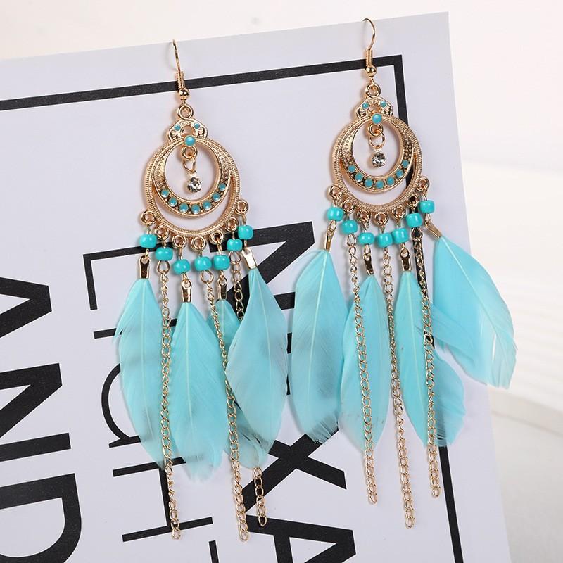 Vintage Bohemian Feather Tassel Earrings Exaggerated Ethnic Vacation Dangle Ear Jewelry Fashion Accessories For Women