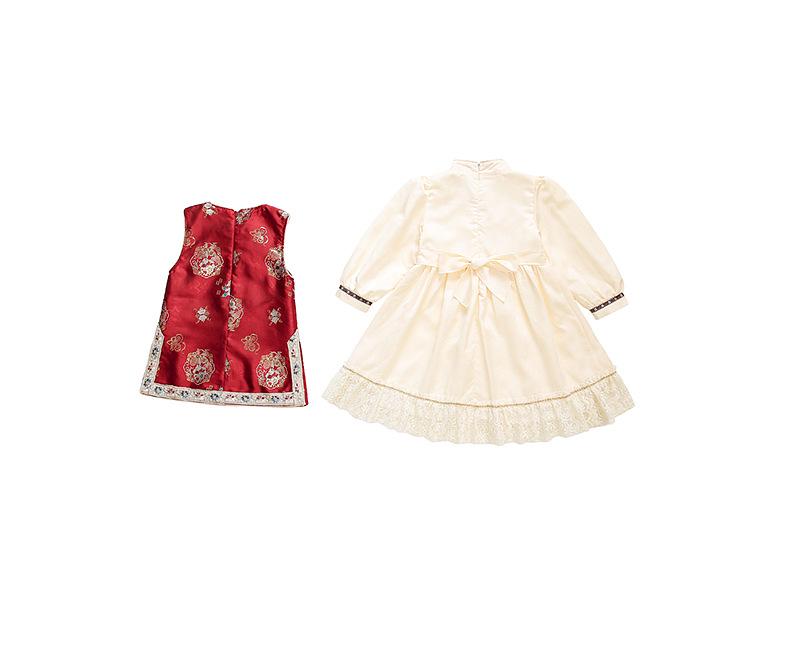 Girls' Retro Chinese Style Autumn Suit - Waistcoat & Dress Two-Piece Set