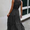 New Elegant Women's Polka Dot Sleeveless Long Dress Round Neck Layered Ruffle Flowing Long Dress High Waist Summer Vacation Casual Beach Dress
