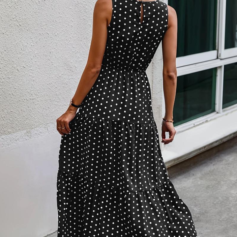New Elegant Women's Polka Dot Sleeveless Long Dress Round Neck Layered Ruffle Flowing Long Dress High Waist Summer Vacation Casual Beach Dress