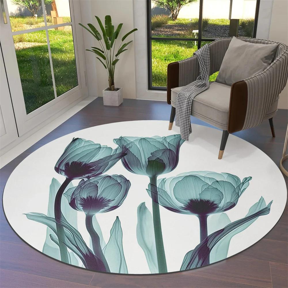 Watercolor Flower Round Rug Non-slip Floral Carpet for Living Room Bedroom Kitchen Decor Circle Doormat