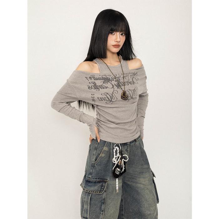 

Женский осенний ретро топ с длинным рукавом на одно плечо, облегающий фигуру M серый