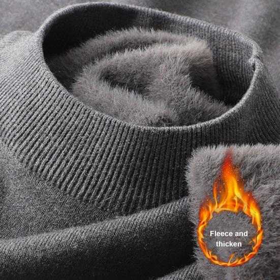 Men Fall Winter Sweater Thick Plush Lined Half-high Collar Knitted Solid Color Elastic Pullover Loose Keep Warm Work School Sweater