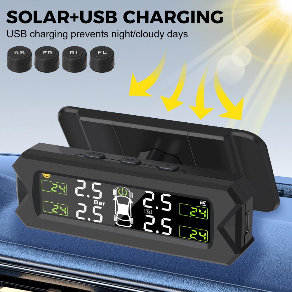 Auto Security Alarm Tyre Pressure Sensor Car TPMS Temperature Warning Solar Power Tire Pressure Monitoring System Save Fuel