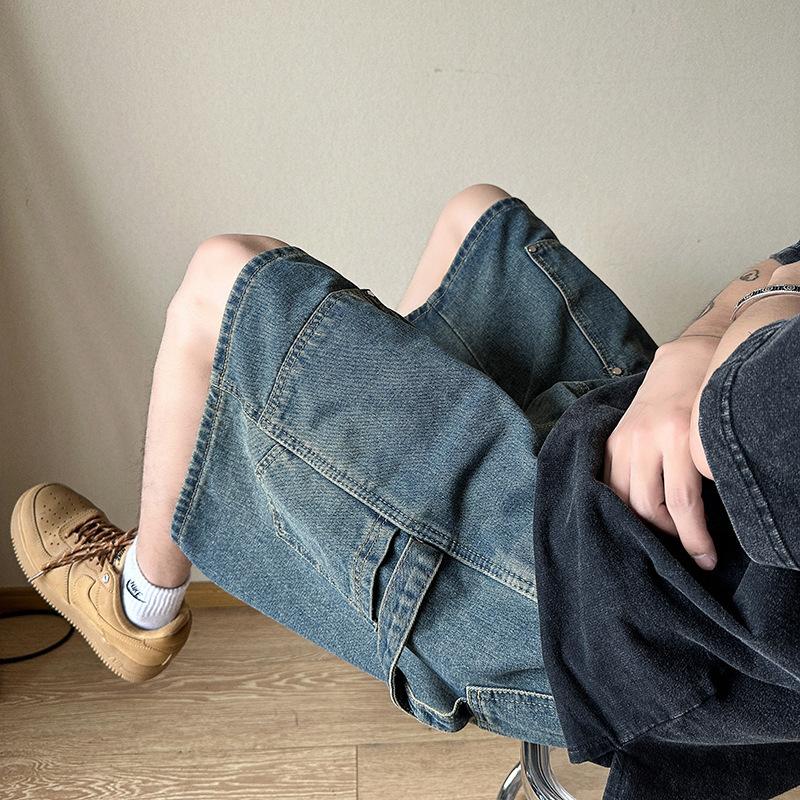 Tooling Denim Shorts Men's Summer Thin Trendy Brand Loose Straight Five-point Pants American Retro Washed Casual Pants