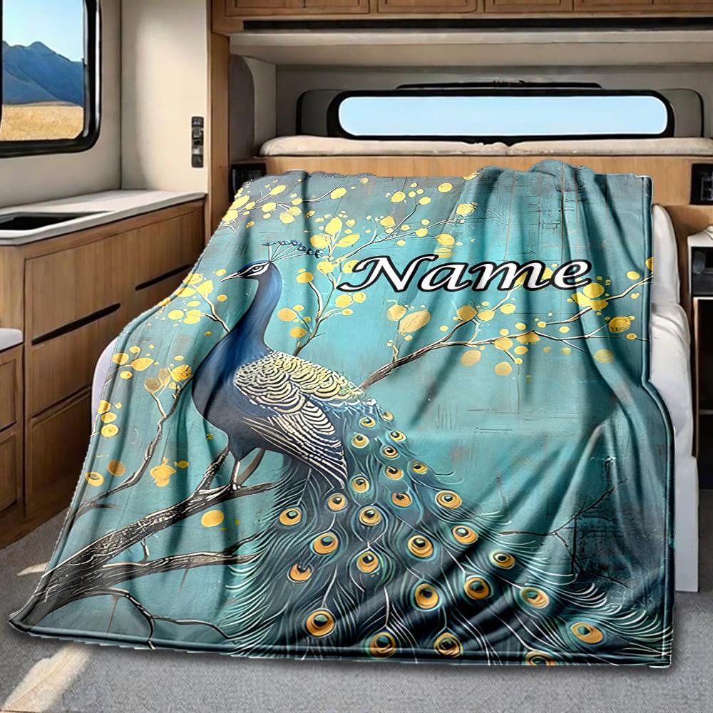 Peacock Perched On Blossoming Tree Branch Artwork Blanketcustomizable With Your Namecomfortable And Stylish Perfect For Travel Beds Chairs Offices