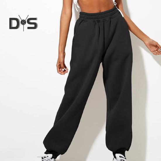 Women Pants High Elastic Waist Ankle Banded Solid Color Casual Soft Warm Pockets Loose Spring Fall Sweatpants Jogging Trousers