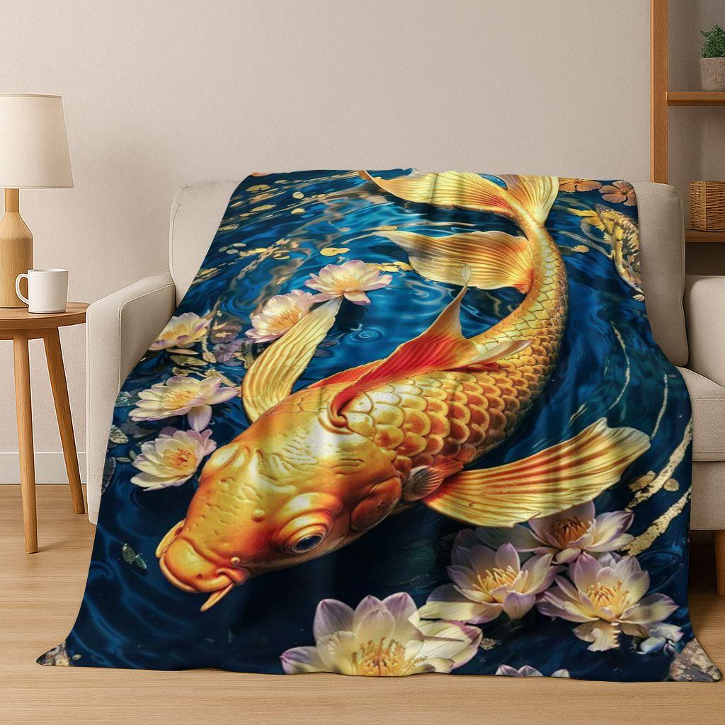 Luxuriöse Glückskarpfen Yin Yang Karpfen Cartoon Flanell Decke, Gemütliche Weiche Überwurfdecke für Zuhause Schlafzimmer Bett Sofa Abdeckung Geschenk Kind