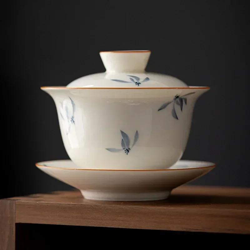 Chinese Hand Painted Orchid Ceramic Gaiwan Handmade Porcelain Teacup Travel Portable Tea Bowl Household Tea Set Teaware 160ml
