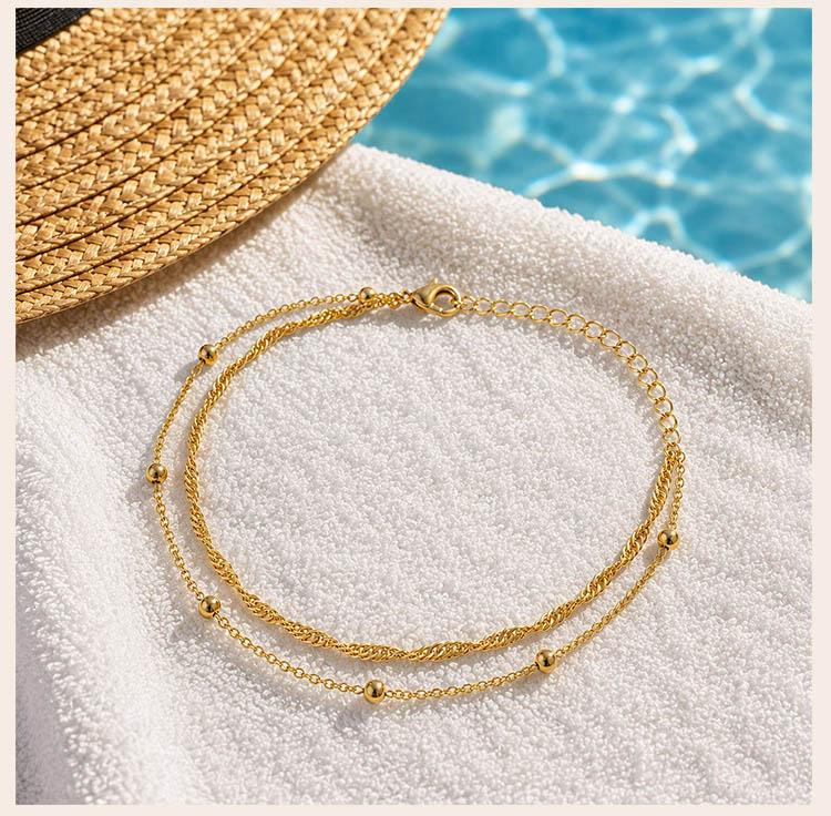 Tarnish Free Bead Anklet,Stainless Steel Double Layered Foot Chain Adjustable,Summer Beach Versatile Jewelry for Her Gift