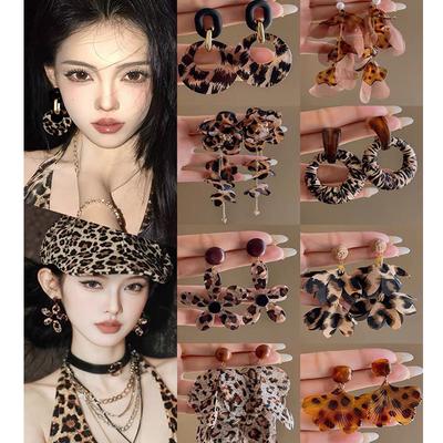 European and American Retro Fabric Flower Fringed Leopard Print Earrings Earrings Personalized Temperament Earrings Women