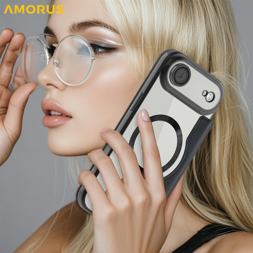 AMORUS For iPhone 17 Air Case Compatible with MagSafe RFID Blocking Card Holder Leather Phone Cover
