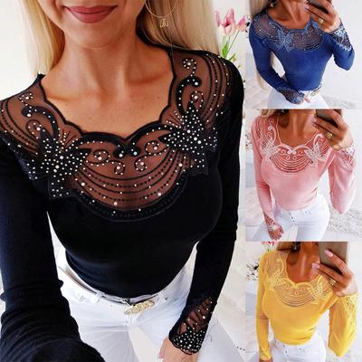 Womens Fashion Round Neck Long Sleeve Lace Base Shirt Blouse Plus Size Tops