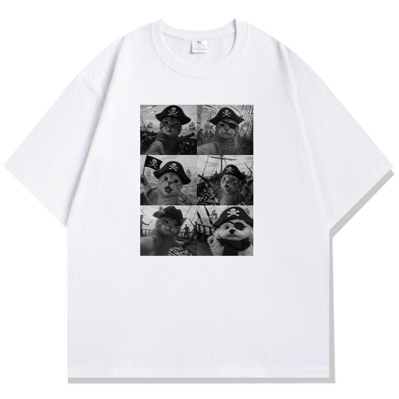 

Creative Cat Printed Pure Cotton T-shirt Men and Women with The Same Round Neck Cotton Short-sleeved T-shirt Funny Clothes S