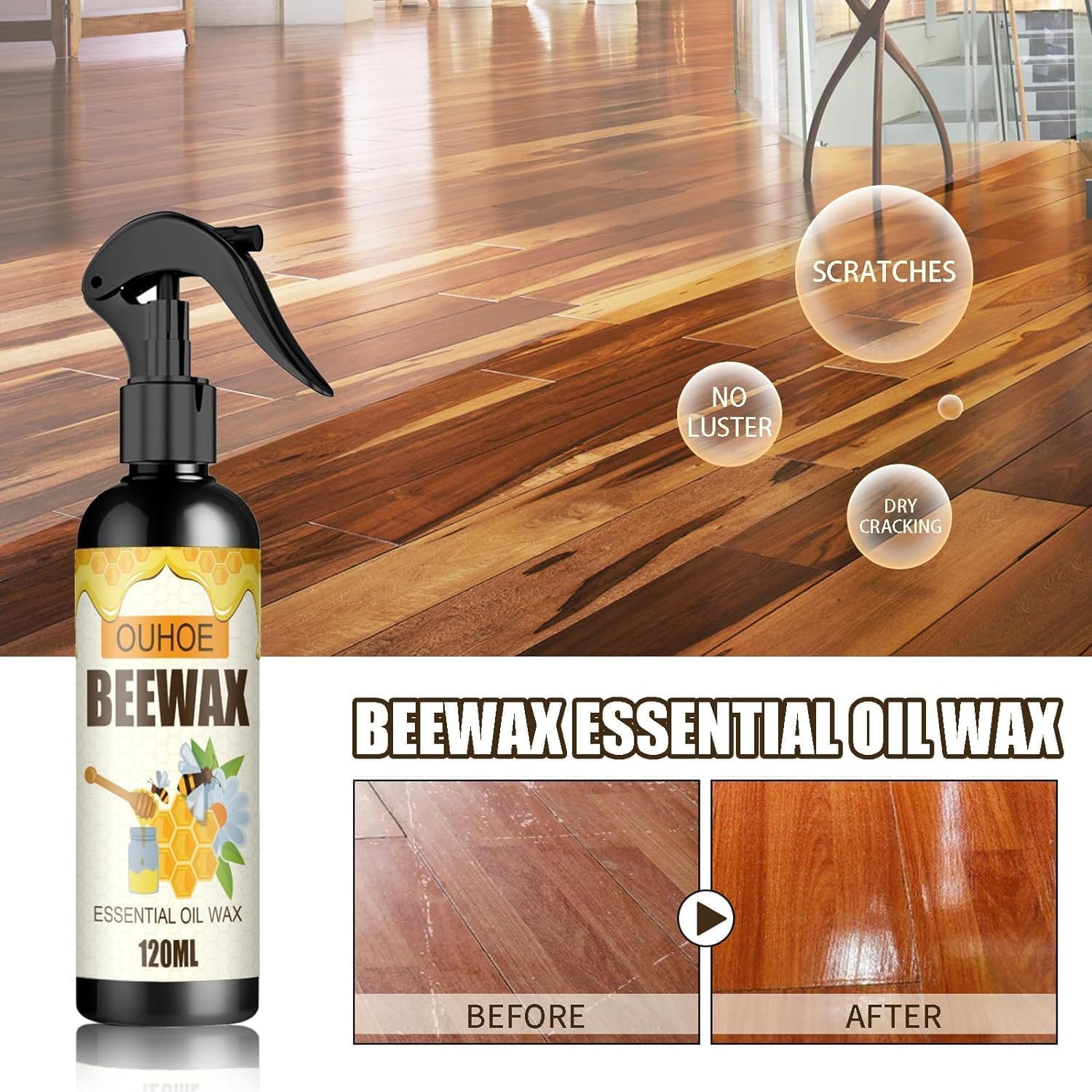2PCS Natural Beeswax Spray, Beeswax Spray Cleaner, Furniture Polish,The Original Furniture Polish for living rooms,kitchens,wood furniture floors