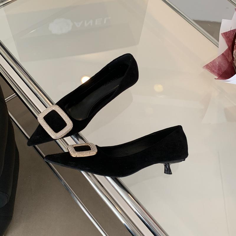 Square Buckle Rhinestone Pointed High Heels Spring and Autumn High-end Sense Elegant Suede Thin Heel Light Mouth Single Shoes Professional Women's
