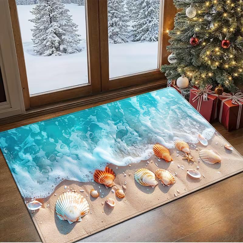 Vacation Style Beach Doormat Beach Shells Starfish Ocean Wave Pattern Carpet Soft Non-Slip Floor Mat Bedroom Entrance Rug