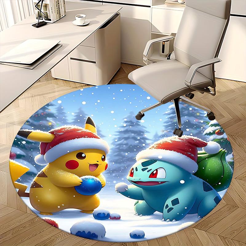 1pc Christmas Pikachu & Bulbasaur Santa Hat Round Carpet - Anime Design Office Chair Mat, Non-Slip Rug for Home Decor, Living Room