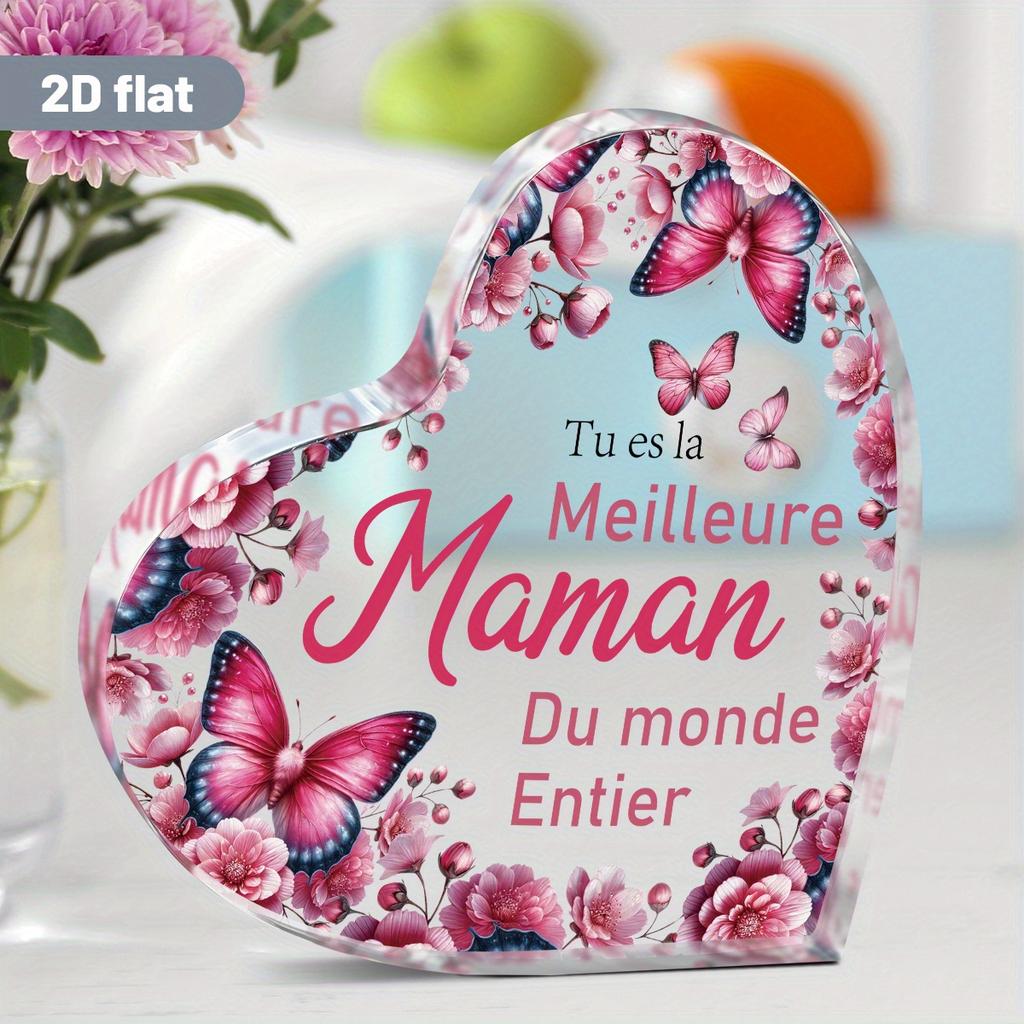 2D Flat Beautifully Crafted Heart-Shaped Decorative Plaque and Statue Featuring A French Maternal Tribute with Floral and Butterfly Themes