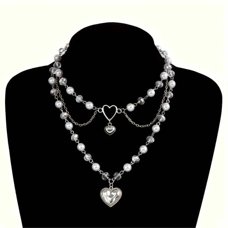 Multi-Layer Faux Pearl Love Heart Pendant Necklace for Women New Fashion Y2K Choker Party Jewelry Occasions