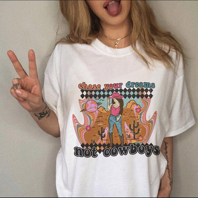 Women's T-shirt Western Cowboy Cartoon Letter Print Funny Cute Short Sleeve Ladies Fashion Casual Summer Women's T-shirt Graphic