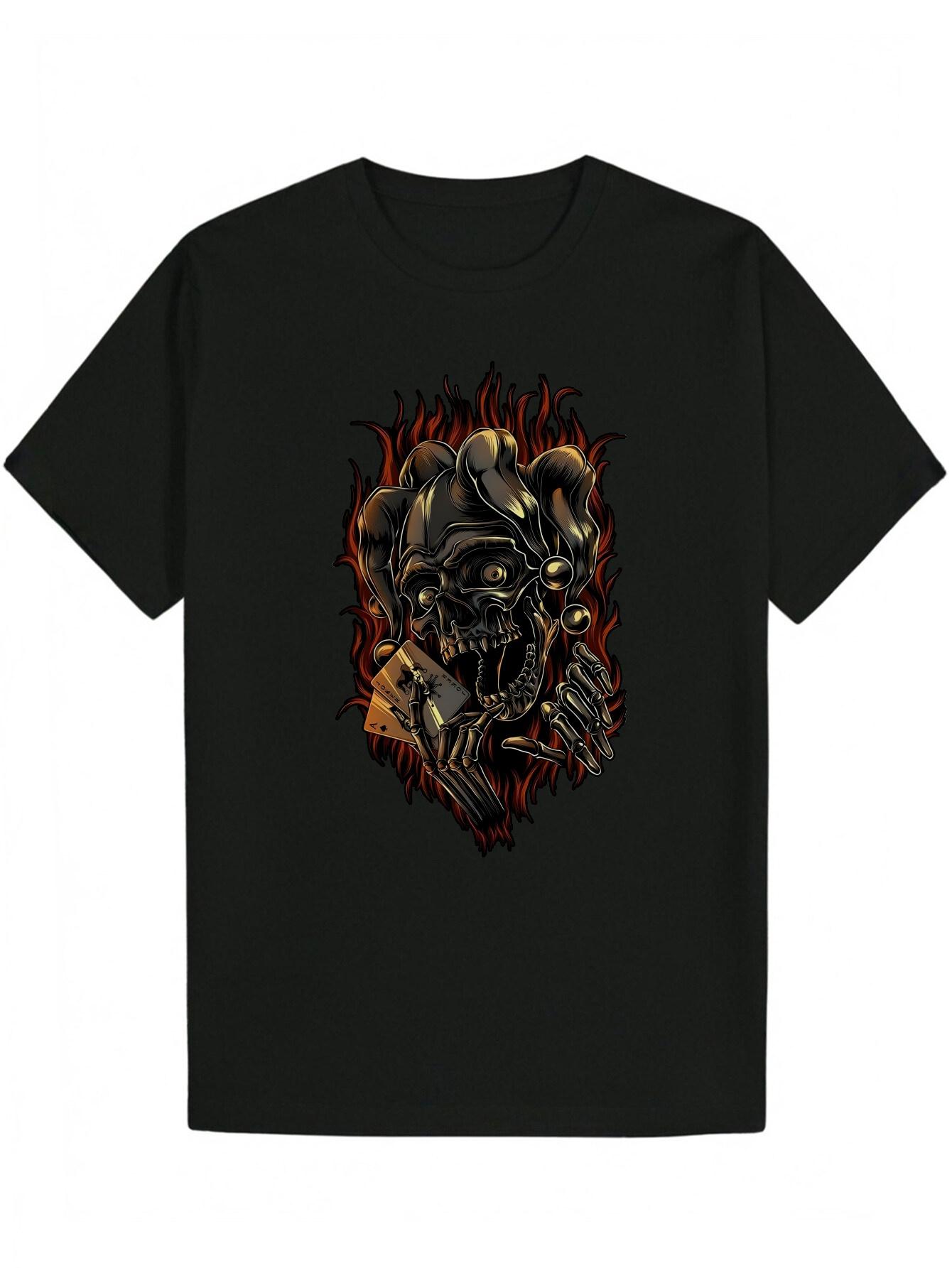 Casual Crew Neck T-shirt with Skull and Playing Card Design - White Polyester S