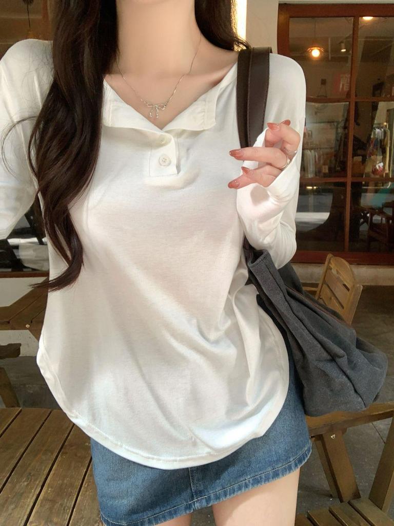 Pure Desire Grey V-neck Long Sleeve Sun Protection T-shirt for Women – Early Autumn Loose Chic Style