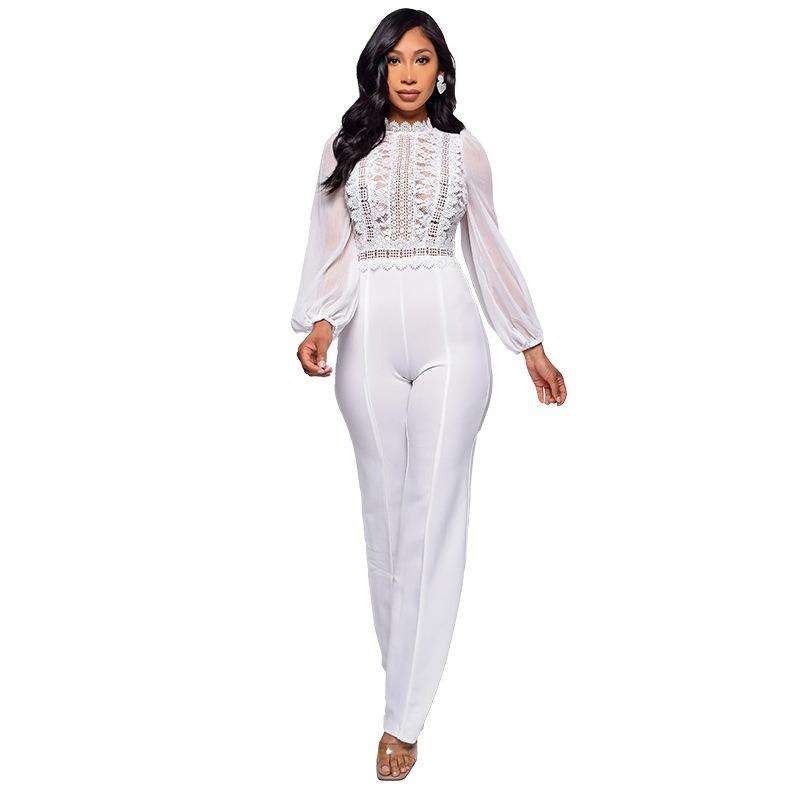 Women's High Collar Lace Lace Fashion Solid Color Chiffon Long Sleeve High Waist Jumpsuit