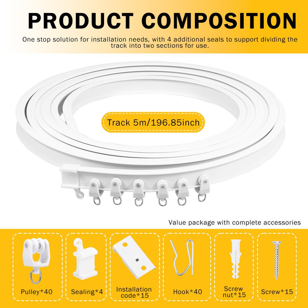 16.4 ft Flexible Ceiling Wall Mounted Curtain Track Rail Bendable Plastic Steel Design Room Divider Rail Sliding Rods