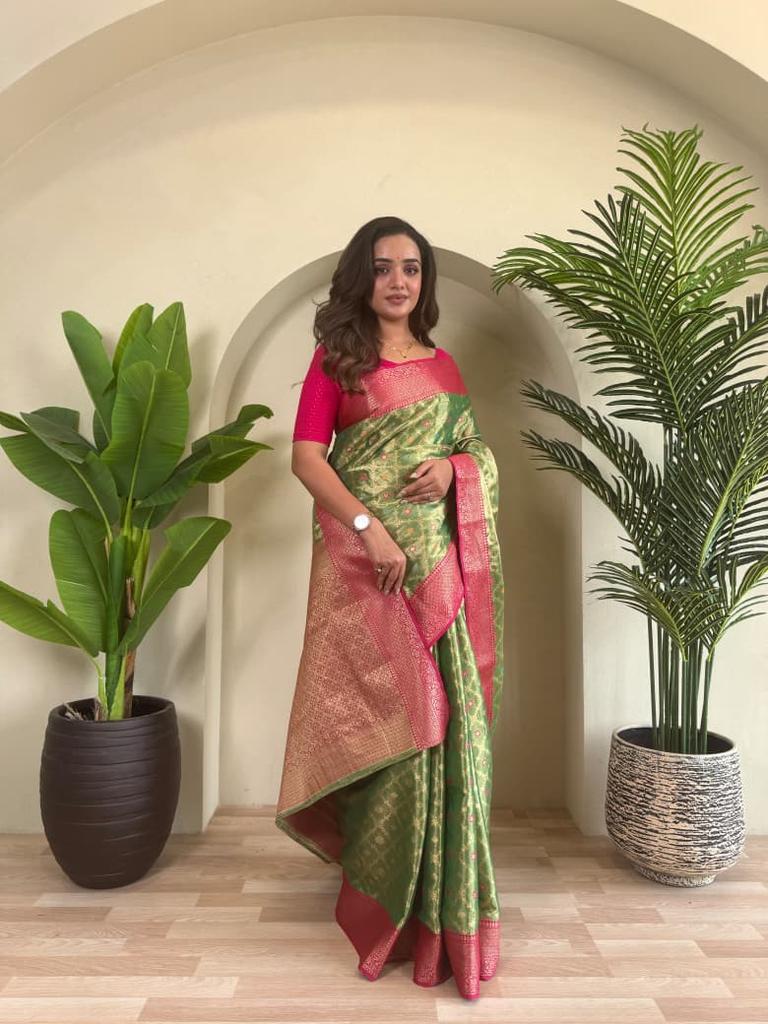 Women's Pure Tissue Silk Saree with Zari Weaving & Meena Work | Elegant Jaal Design | Contrast Running Blouse | Indian Wedding & Party Wear Saree