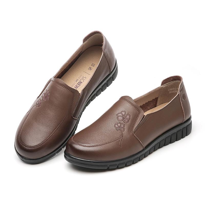 Latest Design Genuine Leather Embossed Soft-Soled Loafer Shoes For Women, Dark Brown Easy Slip-On Anti-Skid Daily Women'S Shoes, Breathable Shoes