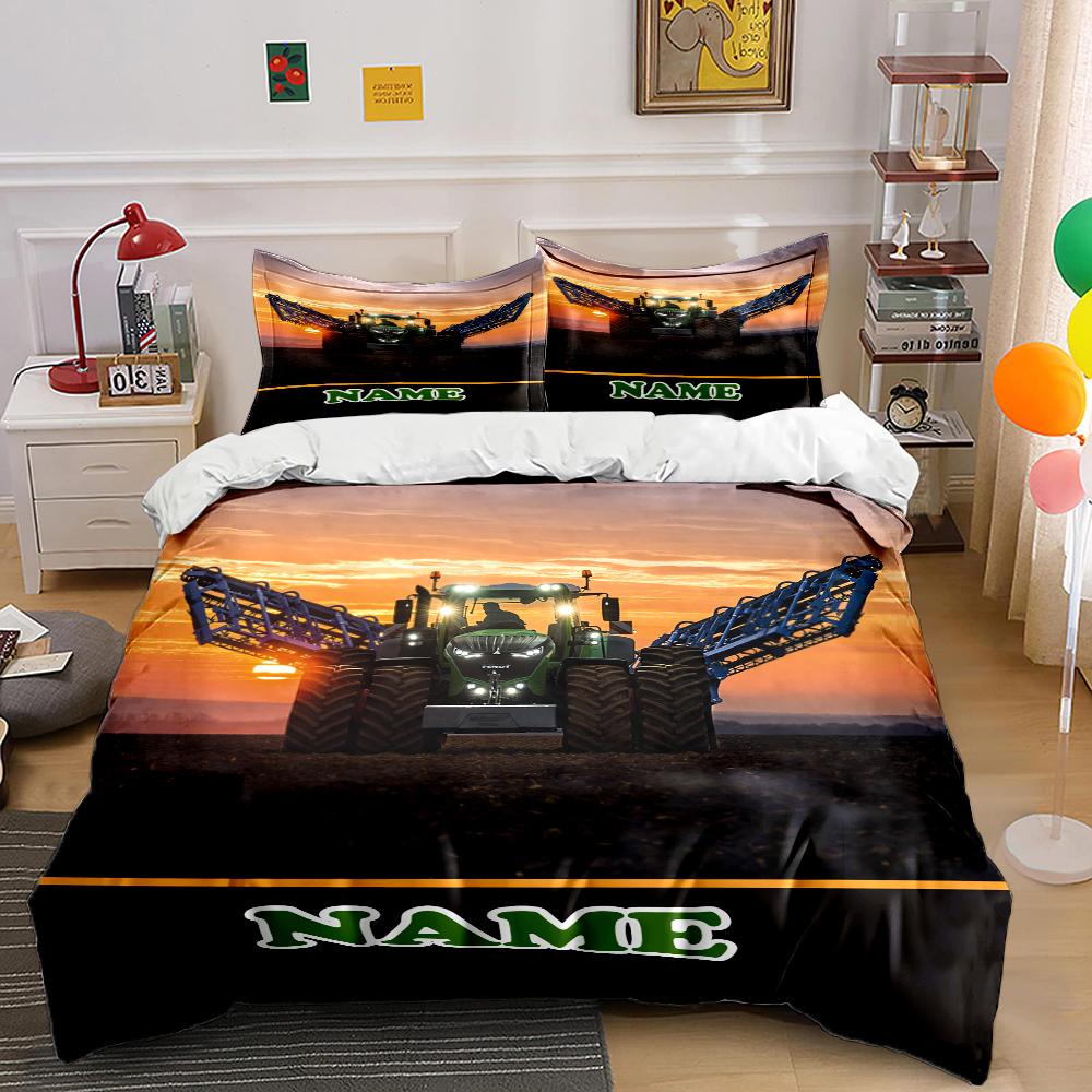 Name Customized Tractor Printed 3PC Quilt Cover Pillowcase Bedding Set Children Adult Comfortable Bedding Set Luxury Gift