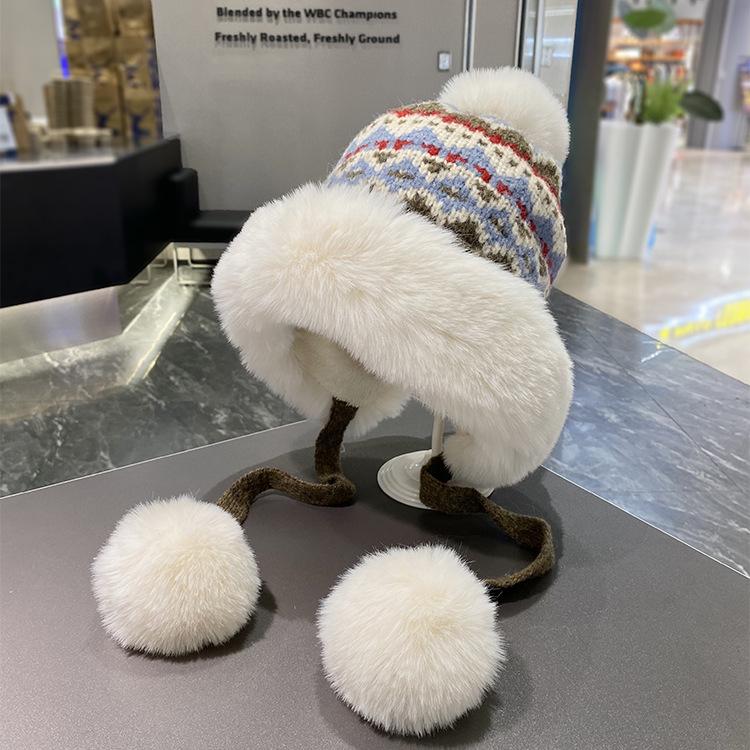 Women's Retro Ethnic Style Plush Knitted Hat – Warm, Thick, and Cold-Proof with Sweet Pompom and Ear Protection for Autumn & Winter