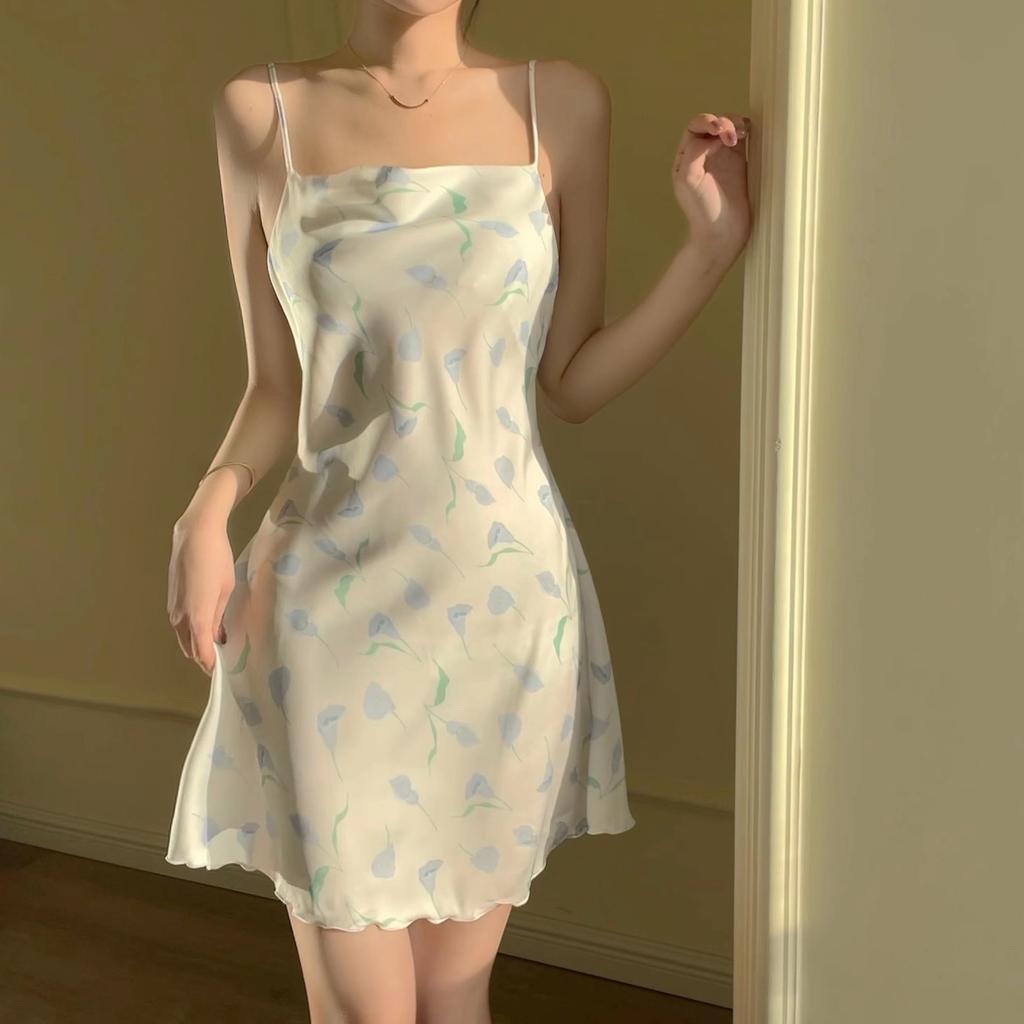 1011 New Sexy Nightdress for Women, Summer Spaghetti Strap Ice Silk Pajamas, INS Print Pure Desire Pajamas