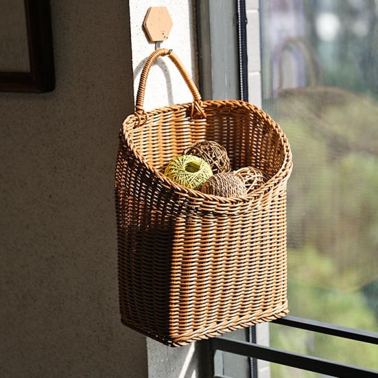 Handwoven Storage Basket Boho Hanging Basket with Handle Rustic Storage Basket for Flowers Fruits Vegetables Kitchen Produce