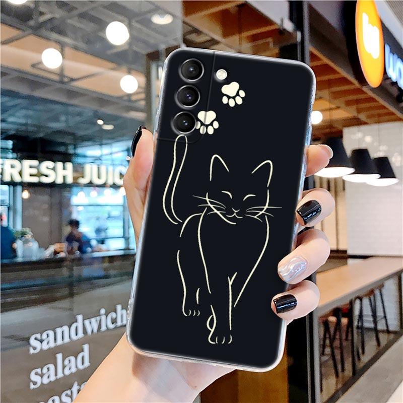 Funny Cartoon Line Art Cat Cute Animal Transparent Case for Samsung Galaxy S22 S21 S20 FE S 22 Ultra S10E S9 Plus 5G Cover Coque