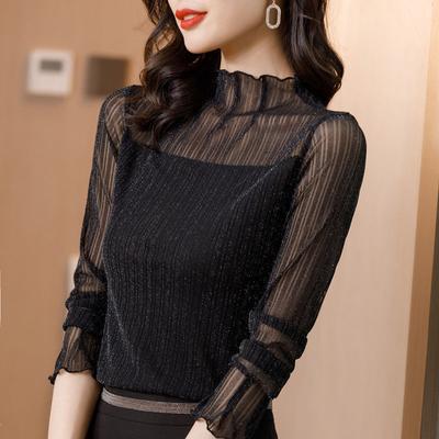 Jarní a podzimní poloviční vysoký límec s dlouhým rukávem spodní košile dámská slim fit lesklá hedvábná síťovaná T-shirt top
