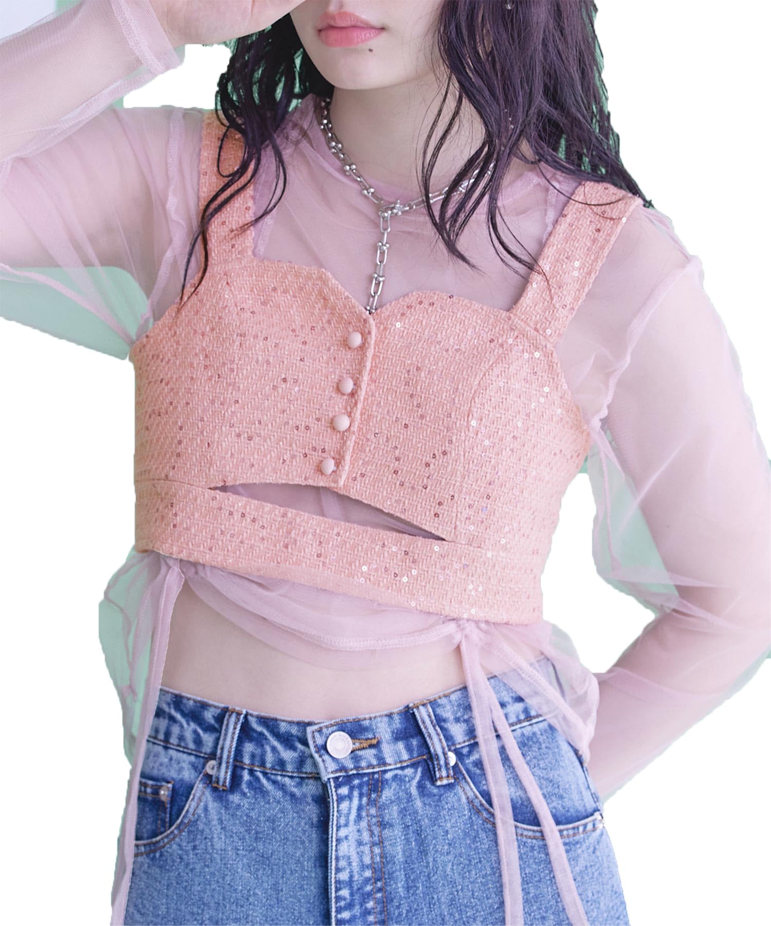 

miette Sequin Tweed Bustier RDXX0897 Free Size Pink Front-Cut Women s розовый