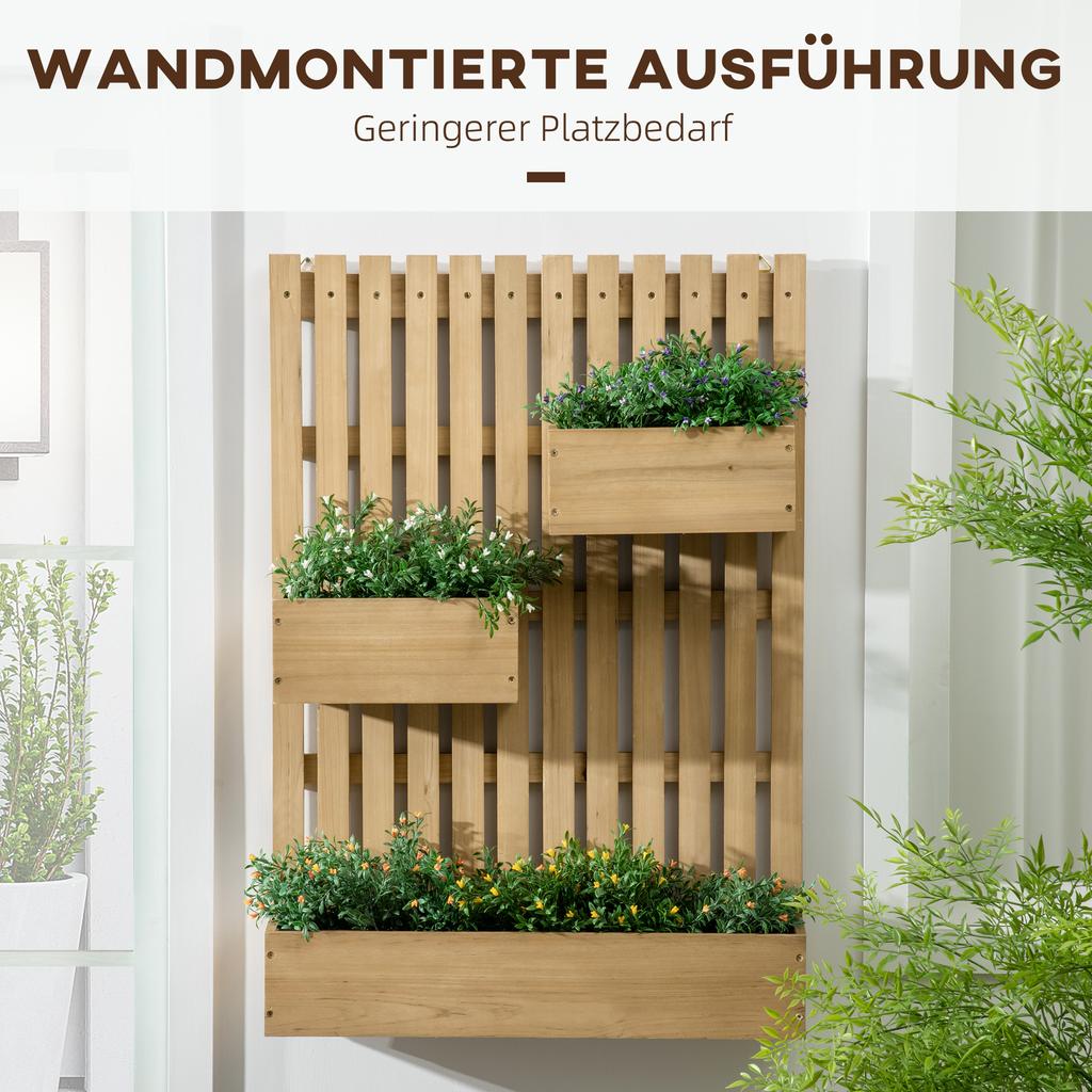 Wall-mounted Wooden Garden Planters with Trellis. Drainage Holes and 3 Planter Boxes for Patio. Natural