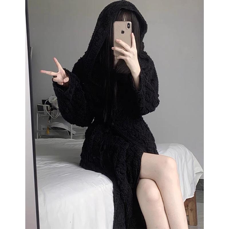 

Женская фланелевая ночная пижама с капюшоном - черный плотный теплый коралловый флис, большой размер Extra Large