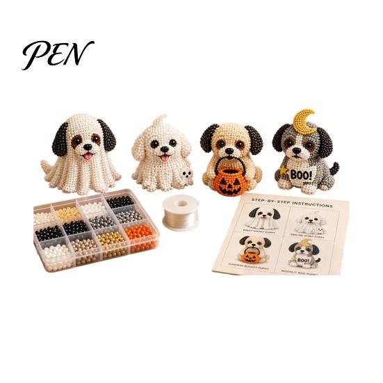 Puppy Bead Art Project Halloween Dog Set, DIY 4 Beaded Figurines, 3D Creative Hobby Sets Craft Kit for Adults Teens, Holiday Decoration Handmade Gift