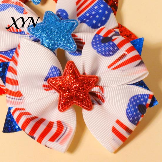 Red And Blue Hair Bows Independence Day Bow Clip for Girls, White Glitter Hairpin, Double Layer Decorative Barrettes with Sequins Star, Fashion