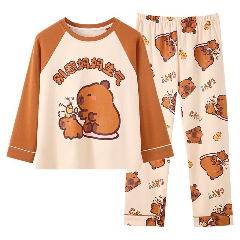 Spring & Autumn Cartoon Pajama Set for Girls: Long Sleeve, Loose Fit, Round Neck Homewear for Kids