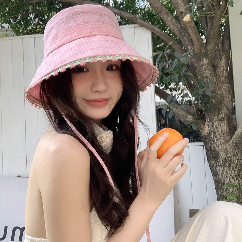 Sweet Lace-up Sun Caps Big Brim Women's Sun Hat Elegant Summer Fisherman Hat Girls