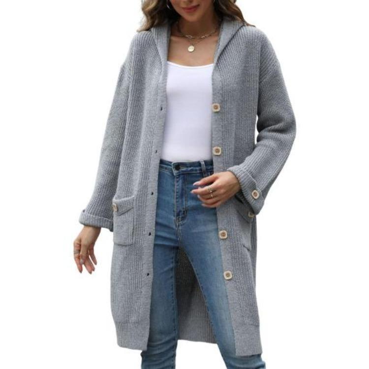 

Women Knitted Cardigan Hooded Sweater Coat Loose Fit Mid Length Long Sleeve Single Breasted Solid Color Pockets Knitwear S серый