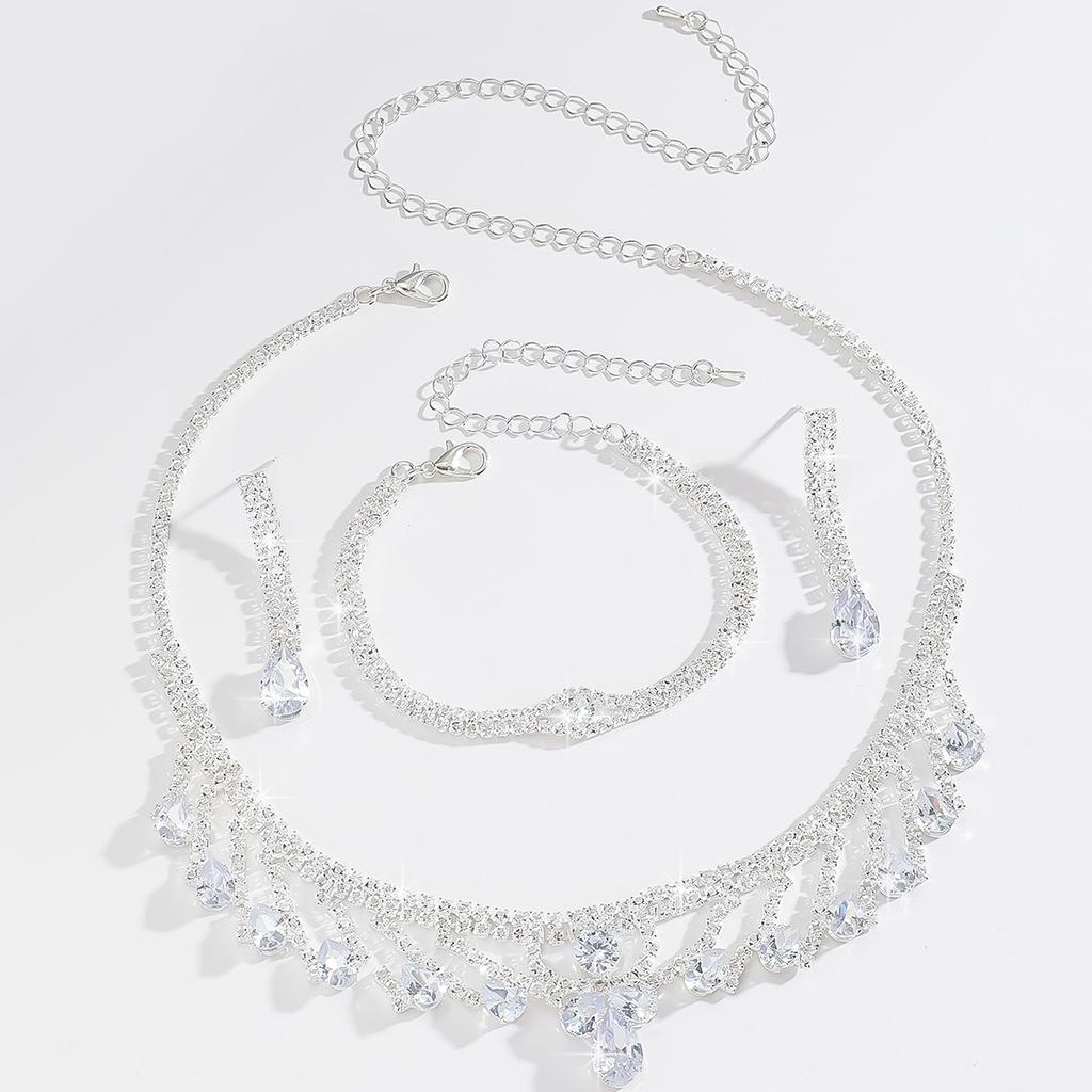 Bridal Jewelry Zircon Sparkling Rhinestone Necklace Earrings Set Fashion Bracelet Earrings Three-Piece Set Women